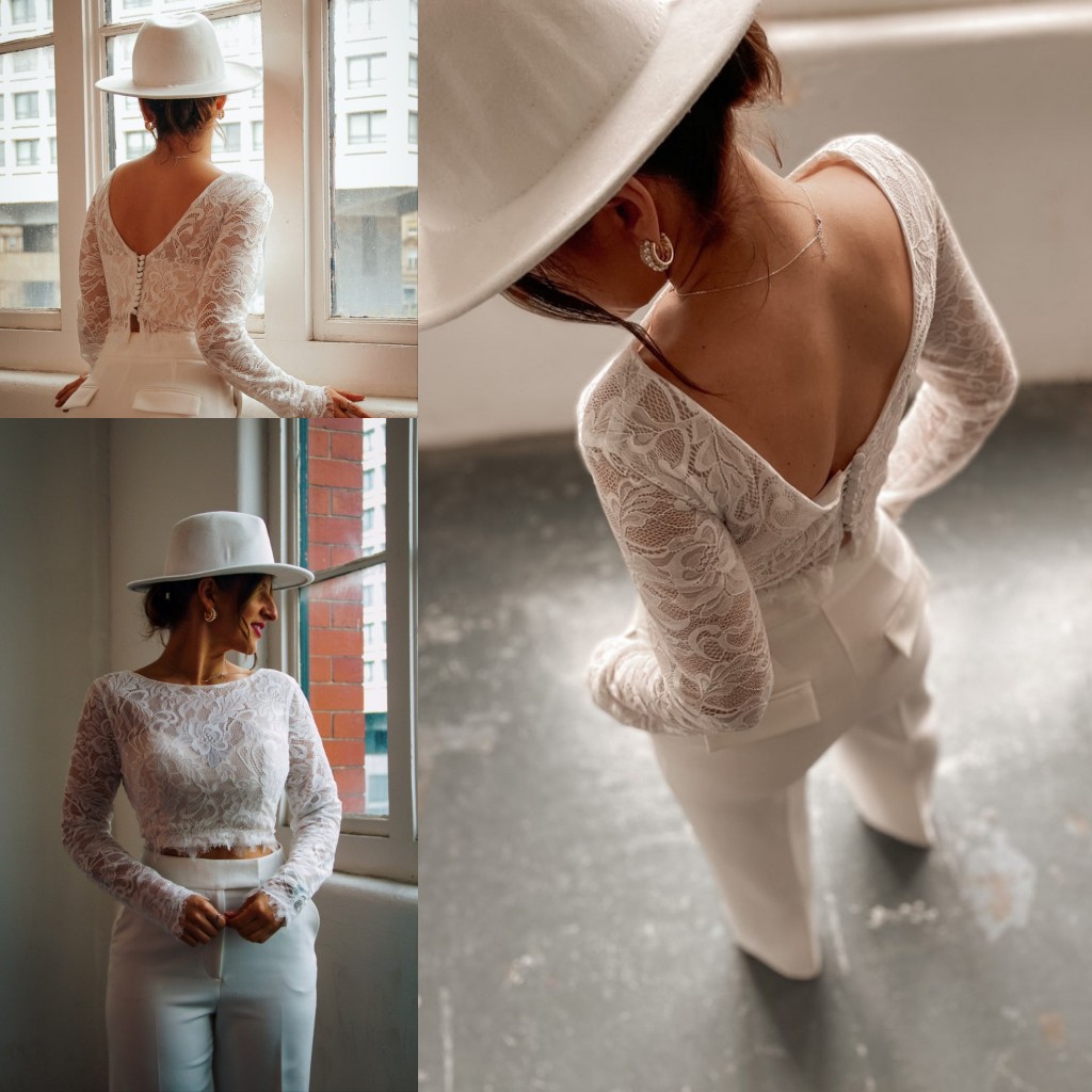 Bohemian Two Piece Wedding Pantsuit Bridal jumpsuit Ivory Boho long sleeve Bridal Gown beach Crop Top and Tailored Trousers