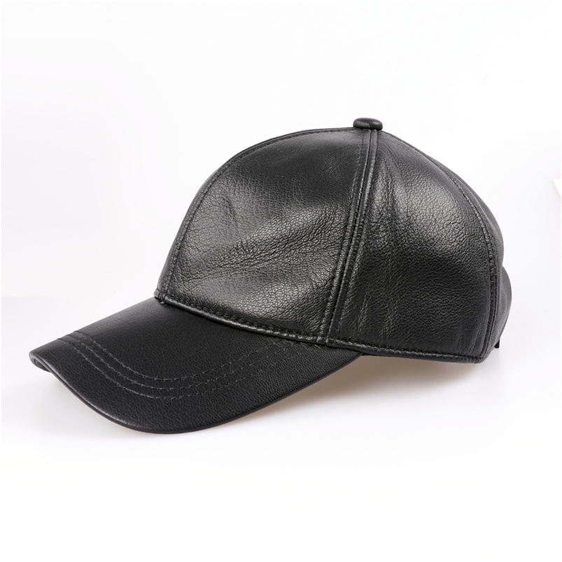 Ball Caps Genuine Leather Baseball Cap Men Black Cowhide Hat Male Adjustable Autumn Winter Real Leather Peaked Hats 220517