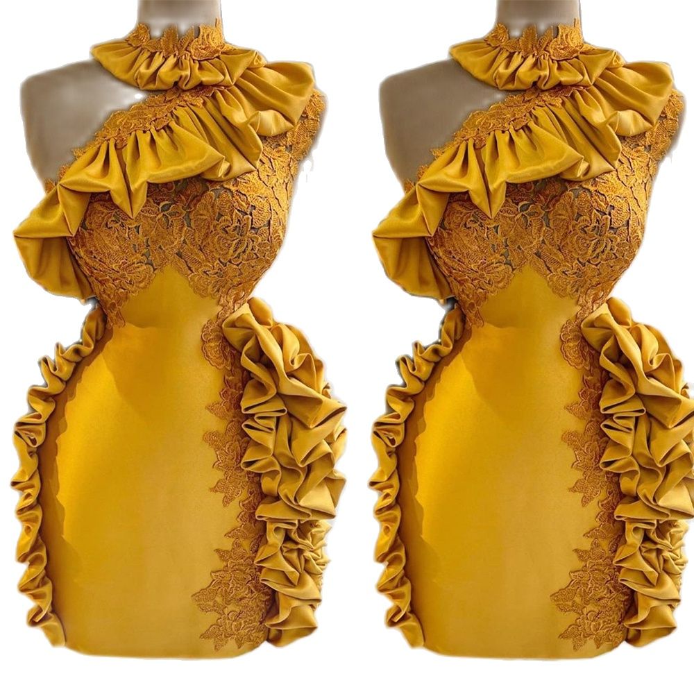 Sexy Gold Mermaid Prom Dresses Pleats Ruffles High Neck Sweet 16 Evening Gowns Party Wear Special Occasion Dress