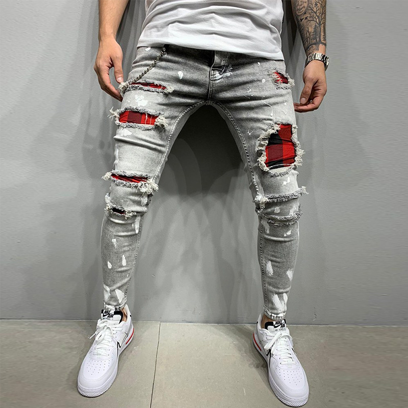 Men Painted Stretch Skinny Jeans Slim Fit Ripped Distressed Pleated Knee Patch Denim Pants casual trousers for men 220408