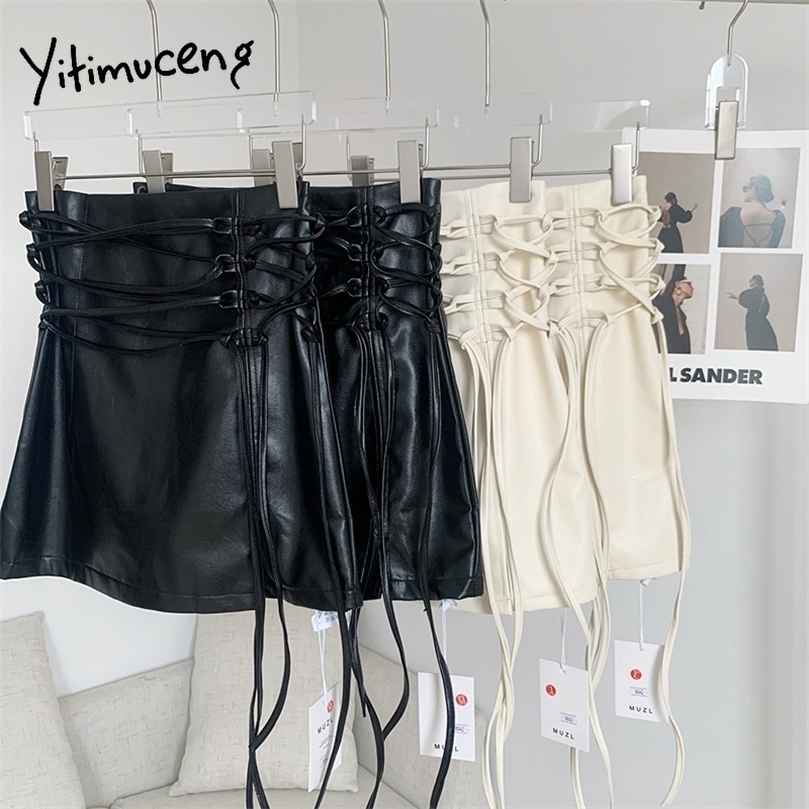 Gothic Pencil Skirt Woman Pu Hippie Mini Leather Punk Lace Up High Waisted Sexy Club Solid Beige Black Y2k ita 220401