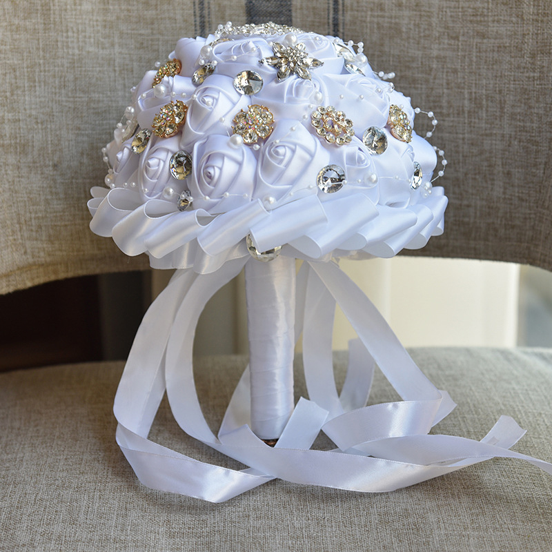 Amazing Bling Crystal Brooch Handmade Satin Rose Bridal Bouquets Flowers Bridesmaid Handholds Customized Bouquet