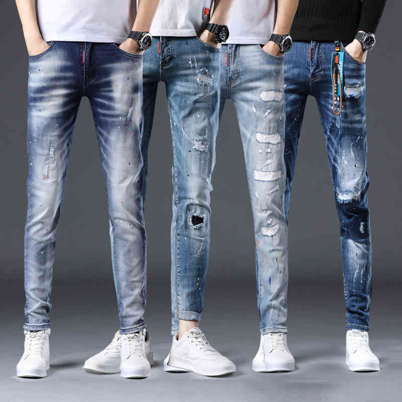 New quality trendy brand paint point badge elastic pierced jeans men's feet, Blue d20
New quality trendy brand paint point badge elastic pierced jeans men's feet, Blue d20