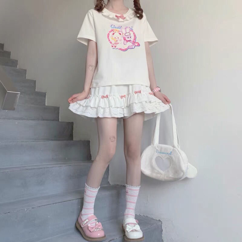 HOUZHOU Kawaii White Mini Skirts Women Harajuku Ruffle Lace Bow Patchwork High Waist Pleated Skirt Japanese Style Soft Girl 220317