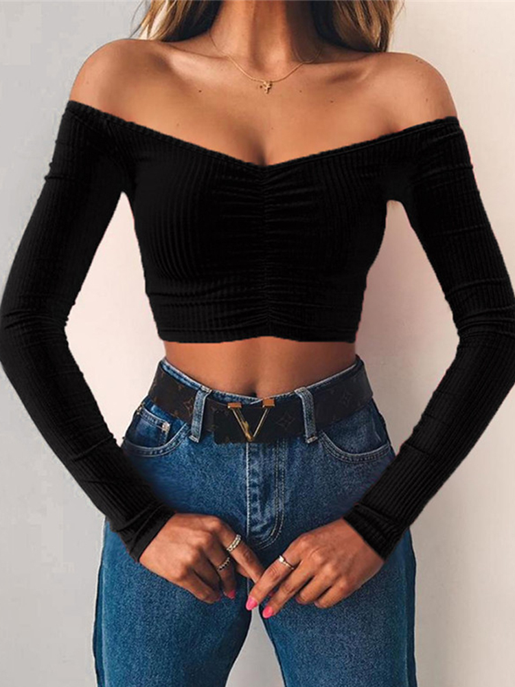 Long Sleeve Top Corset Women Off Shoulder T-Shirt Year White Crop Fall Winter Sexy Solid Tees Streetwear Y2K Clothes 220321