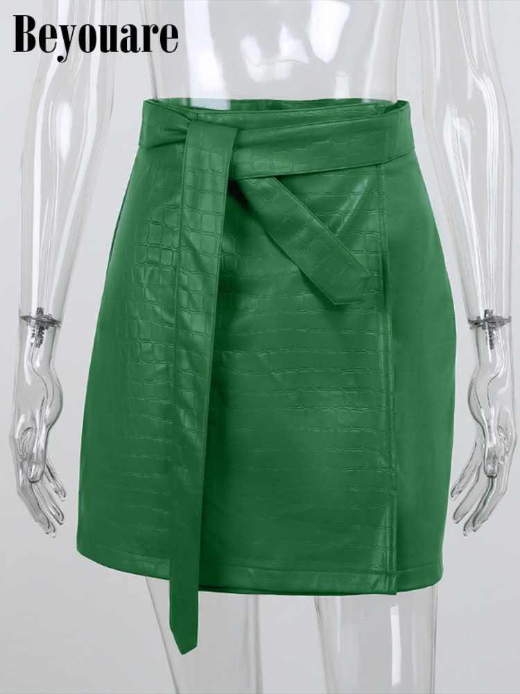Beyouare Faux Leather Pattern A-Line Skirt Women Fashion Elegant Solid Green High Waist Split Mini Skirts Autumn 220317