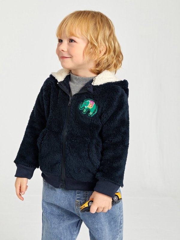 Toddler Boys Elephant Embroidery Zipper Hooded Teddy Jacket SHE, Navy blue