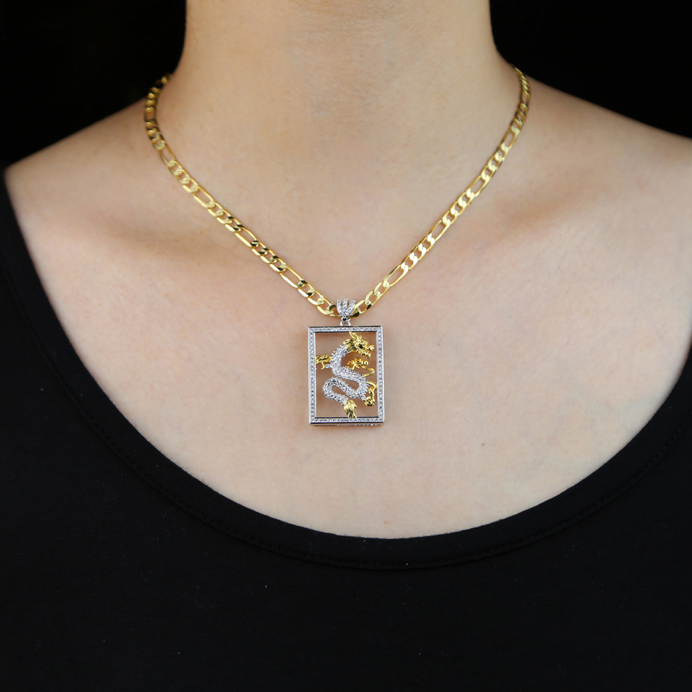 New Iced Out Bling CZ Two Tone Silver Color Dragon Pendant Necklace Cuban Link Chain Dragon Charm Choker Hip hop Women Jewelry