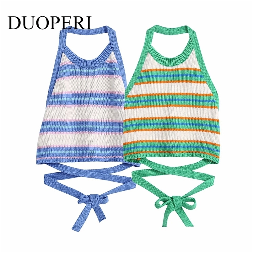 Summer Women Striped Tops Bow Lace Up Halter Backless Chic Lady Fashion Sexy Woman Clothes 220316