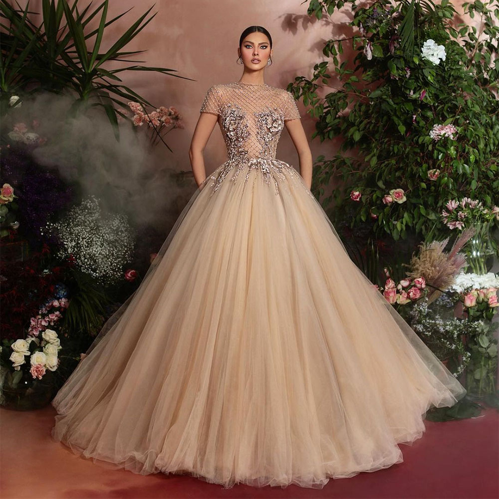 Champagne Prom Dresses V Neck Lace Applqiues Transparent Cap Sleeve High Neck Portrait Shoulder A Line High Waist Evening Formal Dresses Graduation Gi