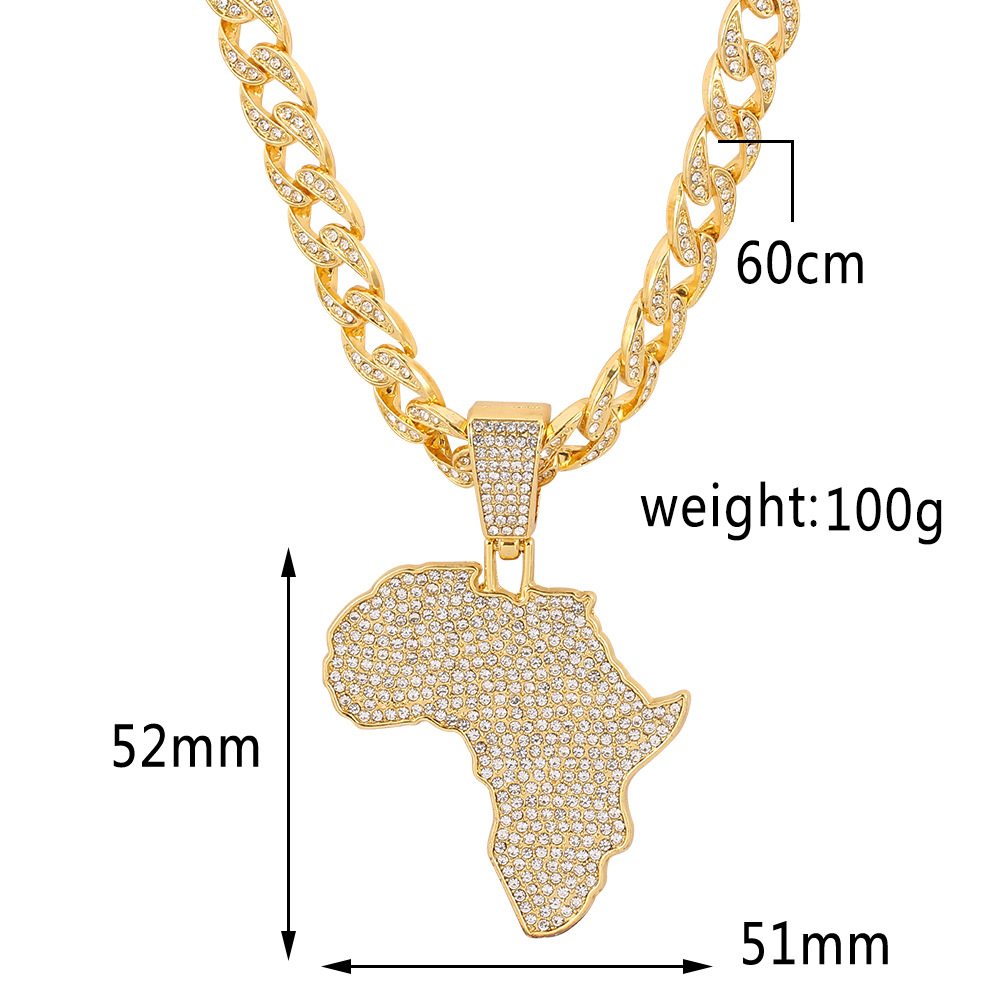 Iced Out Chain Big African Map Pendant Necklaces Men's Hip Hop Gold Color Cuban Link Chain Necklace for Men Male Gemstone Miami Rapper Wolf Tide 
