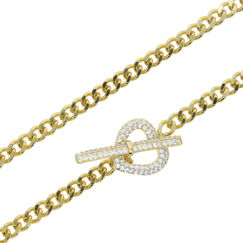 Cuban k Chain Heart Clasp Necklace: Gold-Plated Micro Paved Clear Cz