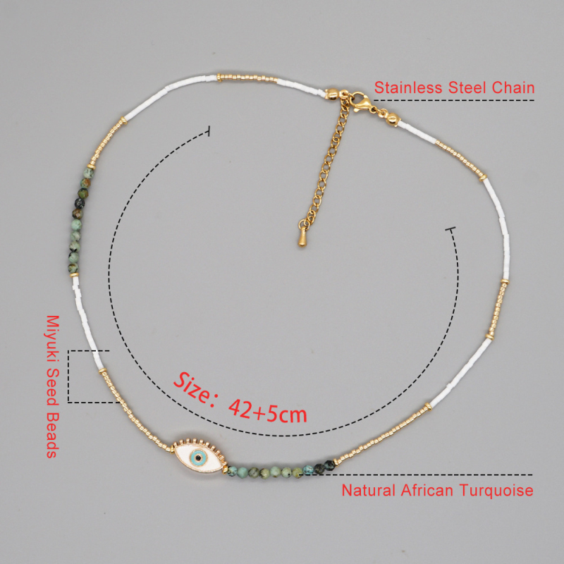 Miyuki Glass Beads White Pearl Evil Eye Pendant Necklace Summer Jewelry