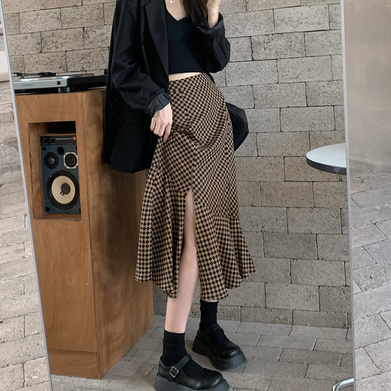 Slim Vintage High Waist Plaid Mermaid Skirt Women Split Autumn Mid Faldas Mujer Fashion OL Temperament Trumpet Sexy Street 220322