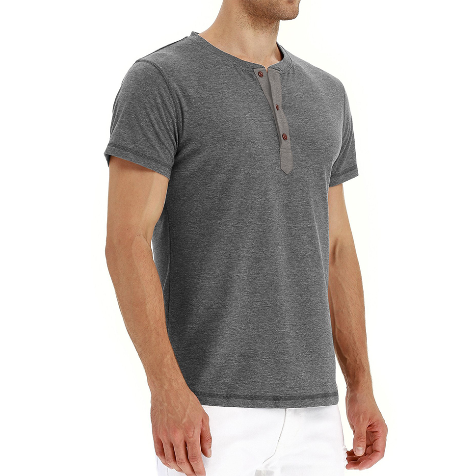 Summer Men Casual Shirts Round Collar Henley Shirt Short Sleeve T-Shirt Cotton Slim Tee