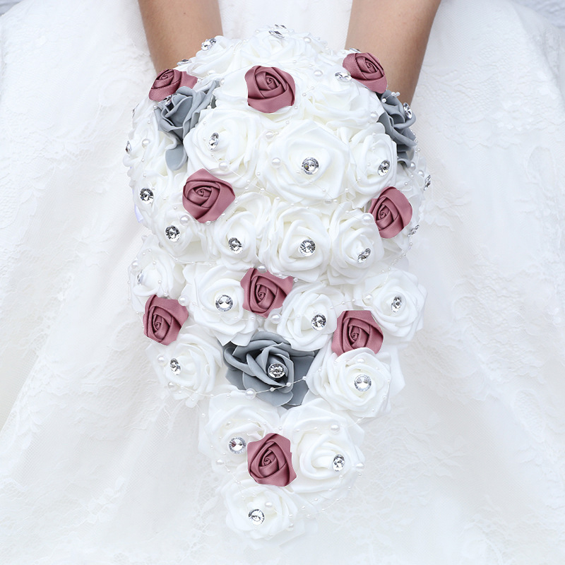 Big Long Waterfall New Wedding Bouquets for Bride and Bridesmaid PE Rose Rhinestones Hand Flower Party Wedding Decoration