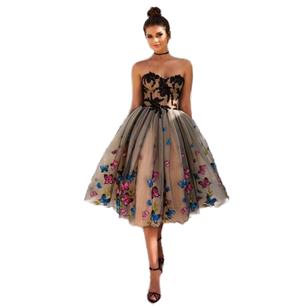 Classic Black And Champagne Prom Dresses Tea Length A Line Evening Gowns 2024 Appliques Butterfly Lace Sweetheart Homecoming Dress Women Short Cocktai