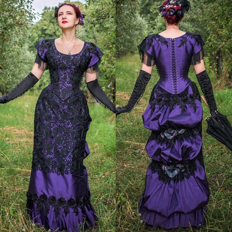Vintage Purple And Black Victorian Evening Dresses Cap Sleeve Lace Ballroom Prom Gowns 2022 Women Historical Costume Corset Satin Special Occasion Dre
