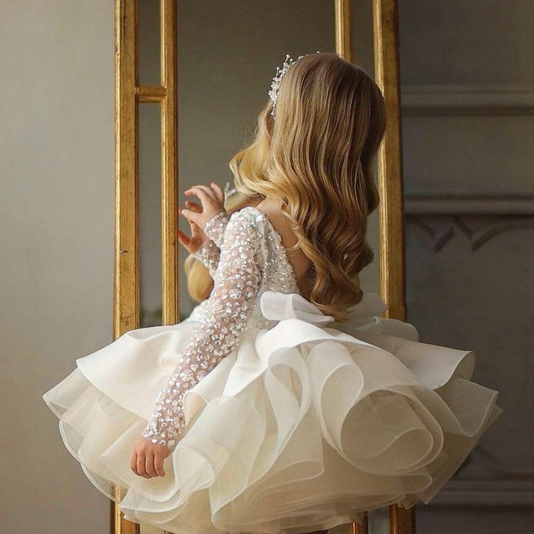 2022 Yellow Flower Girls Dresses For Weddings Illusion Long Sleeves Lace Appliques Sequined Tutu Short Ruffles Tiered Birthday Children Girl Pageant G