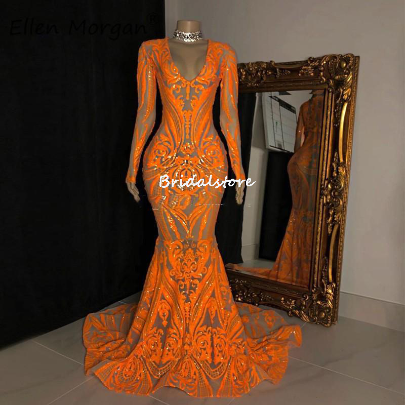 Sparkly Organge Sequin Prom Dress For Black Girls 2022 Aso Ebi African Mermaid Evening Gowns Long Sleeve V Neck Formal Party Wear African Plus Size Wo