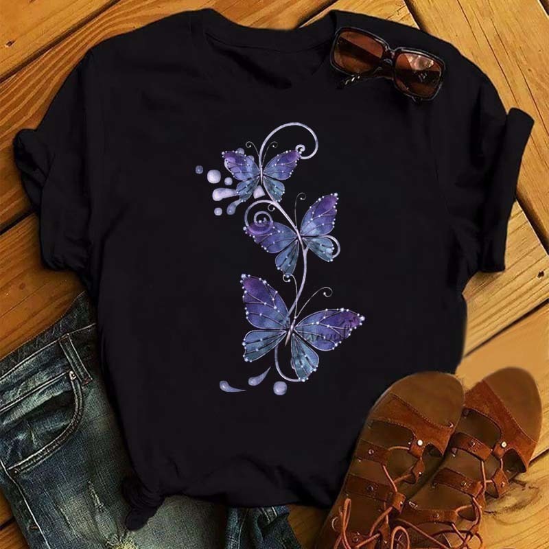 Women Flower Butterfly Fashion Print T Shirt Casual Short Sleeve Ladies T Tee Female Top Shirt Clothes Womens Graphic Tshirt 220527