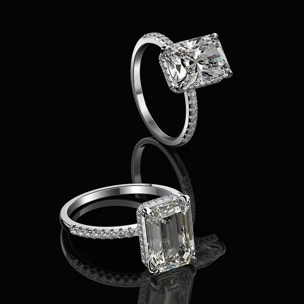 Real 925 Sterling Silver Emerald Cut Created Moissanite Diamond Wedding Rings for Women Luxury Proposal Engagement Ring 201116