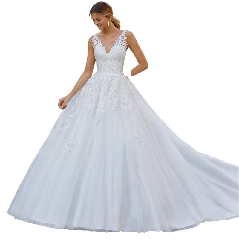Country A Line Wedding Dress V-Neck Sleeveless Ivory Tulle Wedding Gowns 2022 Lace Applique Sexy Backless Long Plus Size Bridal Dresses Custom Made