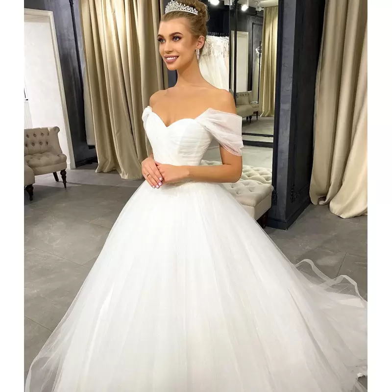 Princess A-Line Wedding Dresses Bridal Gowns for Girls Off Shoulder Lace Tulle Sleevelss Strapless Appliques Wedding Gowns Court Train robe de mariée 