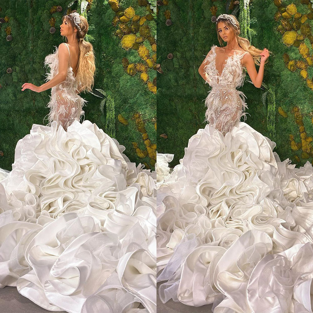 Spaghetti Straps Lace Luxurious Mermaid Wedding Dress Backless Sleeveless V Neck Ostrich Feather Illusion Custom Made Ruffles Bridal Dresses Floor Len