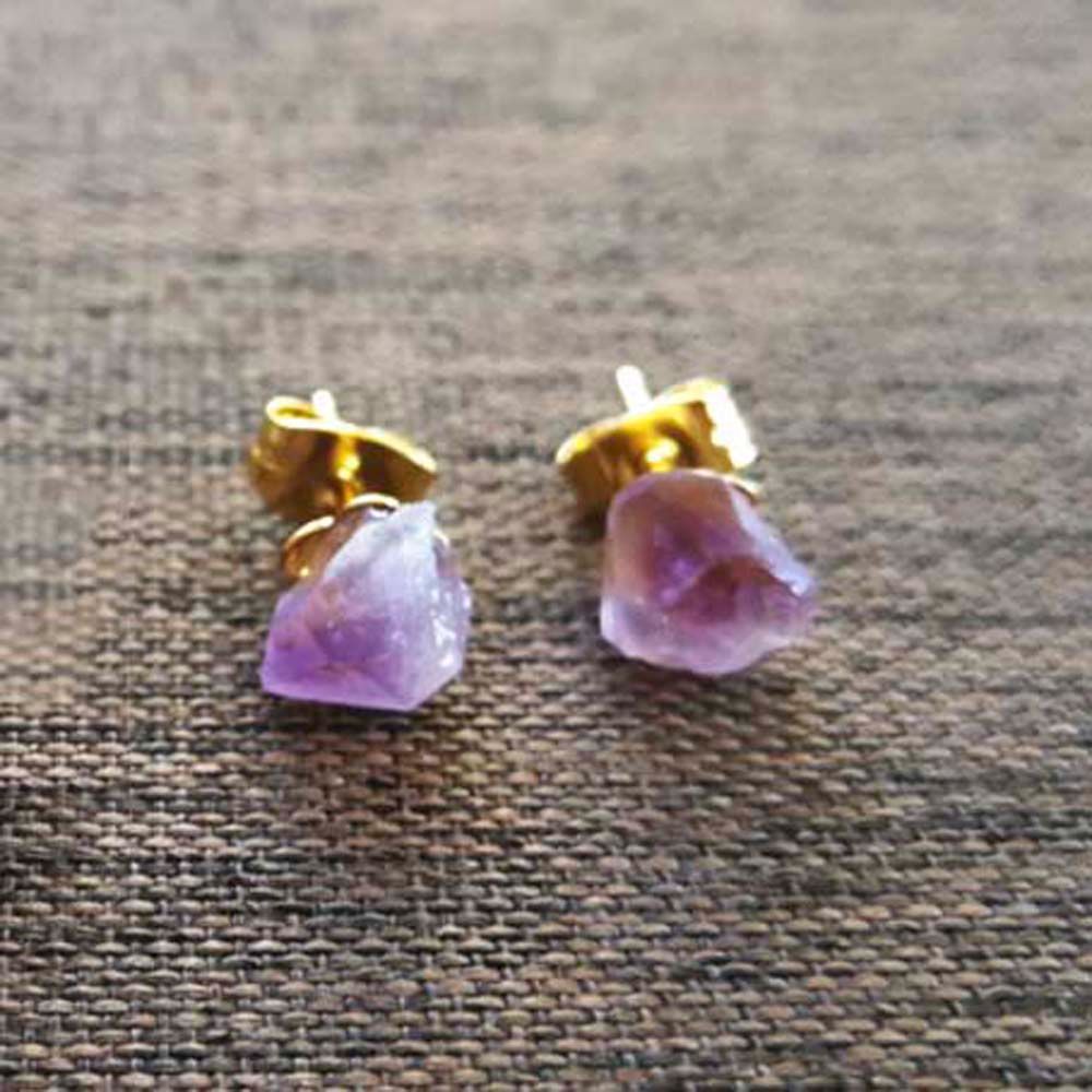 Mini Raw Mineral Purple Crystal Stud Earrings Stainless Steel Ear Studs 6-10mm Small Flower Natural Amethysts Quartz Earrings