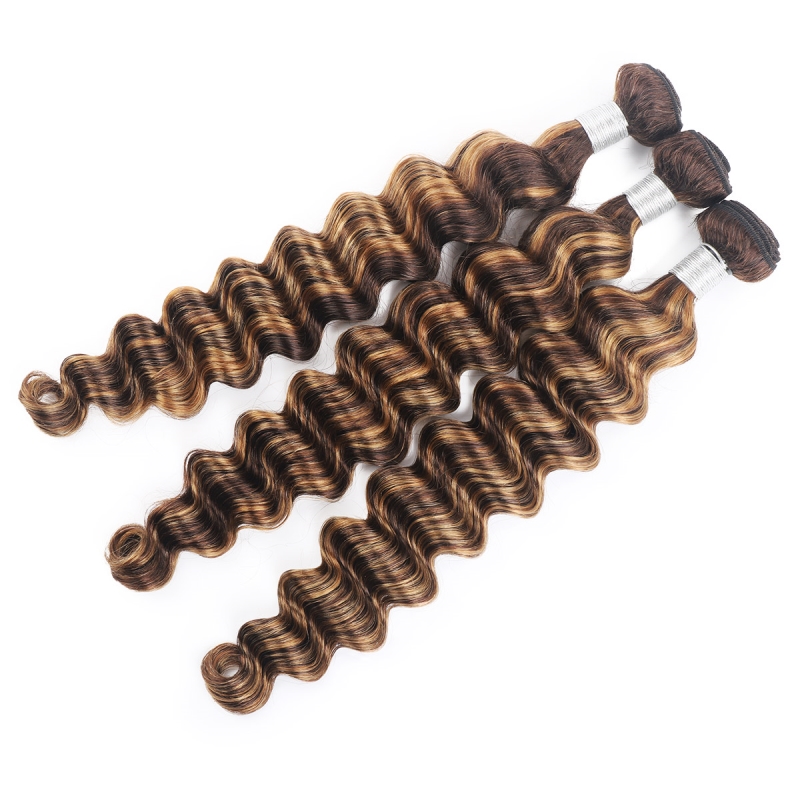 Brazilian Human Hair 3 Bundles Loose Wave, Deep Curly, Kinky Curly P4/27 Piano Color Double Weft 10-28 Inches dh910320090