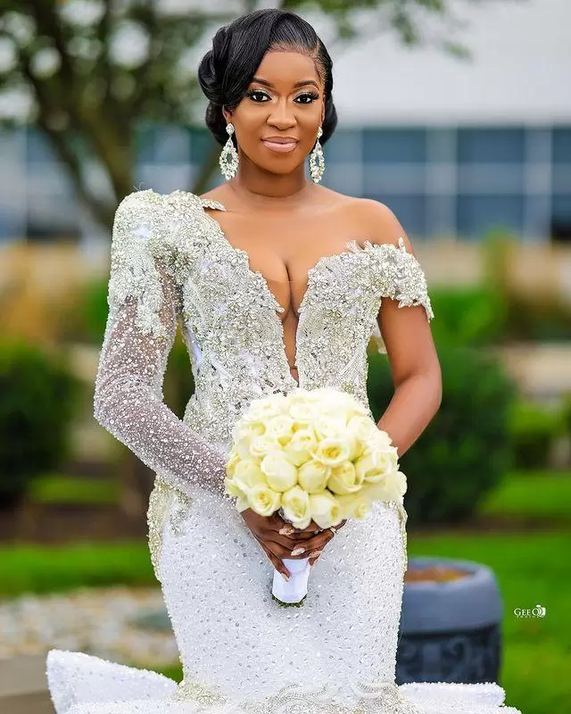 Plus Size Mermaid Wedding Dresses Bridal Gown Long Capped Sleeves One Shoulder Beads Crystals Floor Length Custom Made Vestidos De Novia