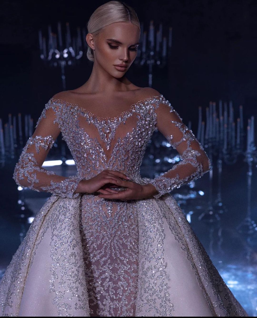 Princess Mermaid Wedding Dress Long Sleeves V Neck Backless Detachable Train Appliques Sequins Dias or Length Bridal Gowns Custom Made Vestido de novi