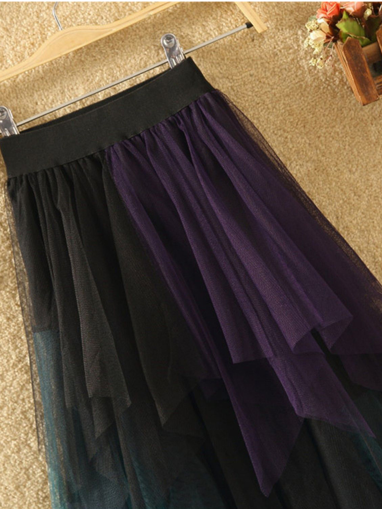 TIGENA Long Tutu Tulle Skirt Women Fashion Summer Korean Irregular Contrast Color High Waist Pleated Maxi Female 220317