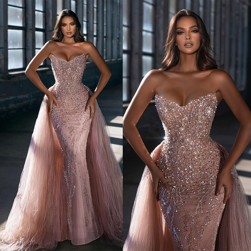 Strapless Evening Sexy Dresses with Train Sequined Applique Lace Beaded Mermaid Prom Party Gowns Custom Made Formal Robe De Soir e