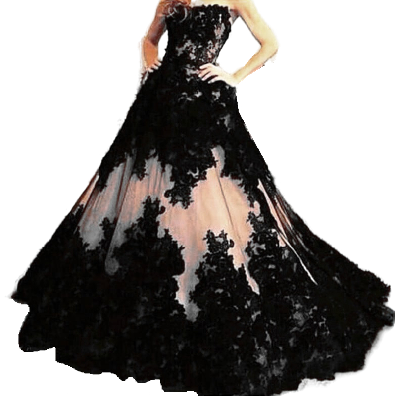 Vintage Gothic Black Lace A Line Wedding Dress Appliques Champagne Lining Corset Top Strapless Bridal Gowns Plus Size Garden Robe De Mariee Bride Dres