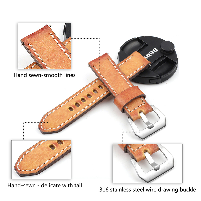 18mm 20mm 22mm 24mm Retro Genuine Leather Watchstrap Men Blue Yellow Watchband for Panerai Replacement Bands Wist Bracelet 220622