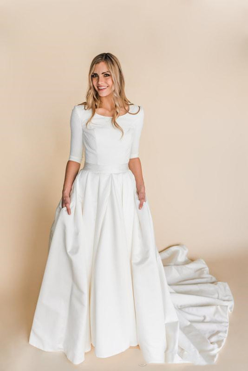 Satin Modest Wedding Dresses With 3/4 Sleeves 2022 New Corset Back Stretch Top LDS Temple beach boho Bridal Gowns Sleeved With Pockets