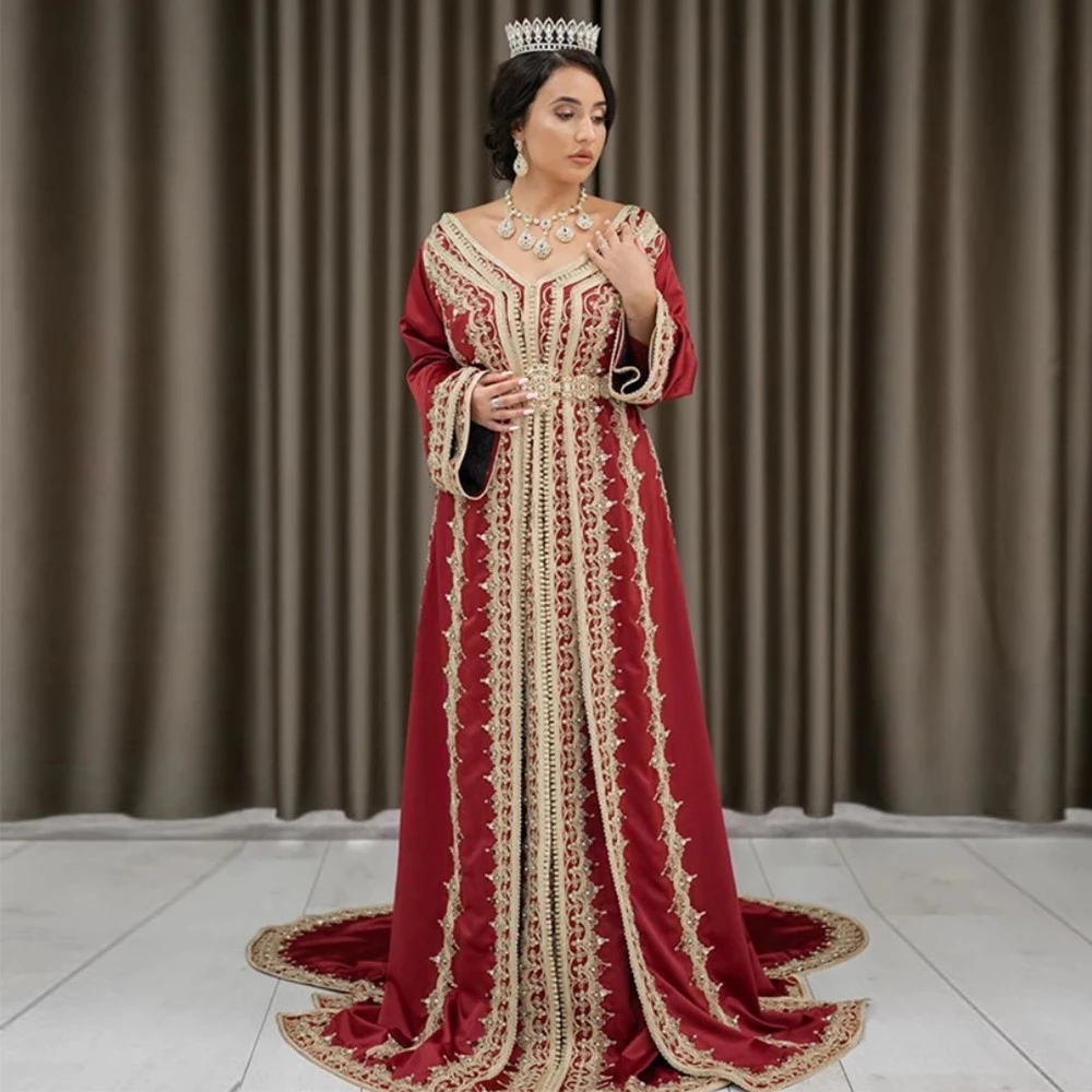 Dark Red Moroccan Caftan Evening Dresses gold Embroidery Appliques Long Full Sleeve Arabic Kaftan Muslim Party prom Dress