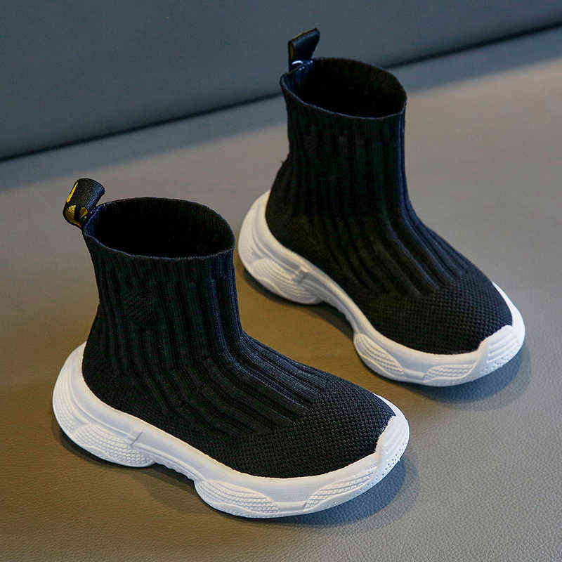 Children Casual Shoes Sock Fly Knit Beige Black Platform Non-slip 26-36 Boys Girls Boots Fashion Breathable Spring Kids Shoe Y220510