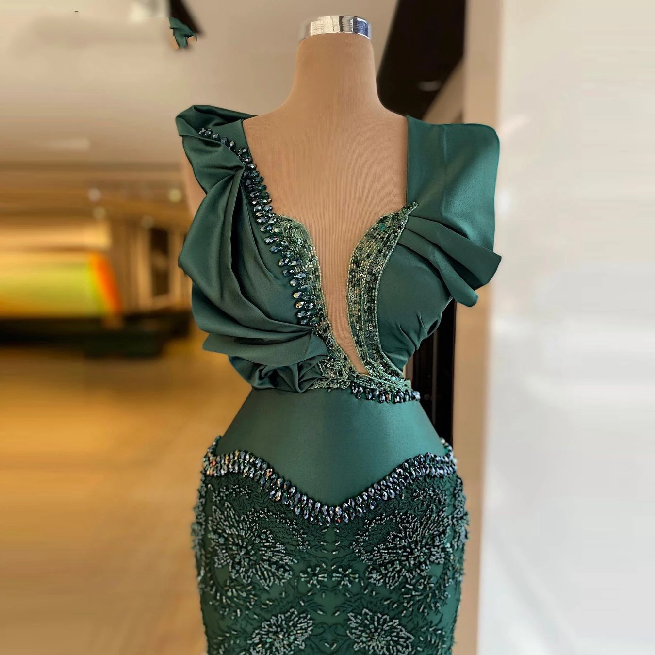 Green Beading Mermaid Evening Dress V Neck Custom Made Women Party Gown Crystal Lace Sequined Prom Robe