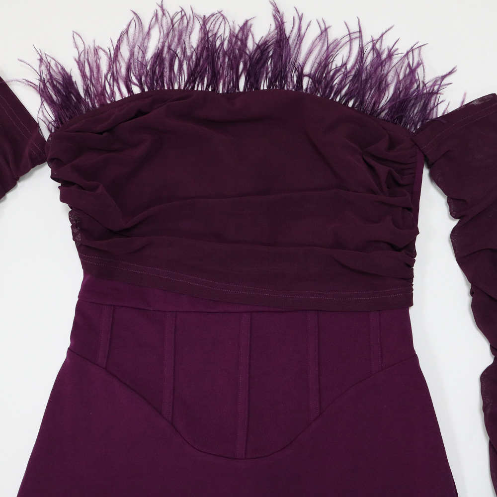 Ostrich Feather Purple Evening Dress 2022 Sexy Strapless Black Girls Prom Dresses With Sleeves Knee Length Sheath Cocktail Party African Women vestido