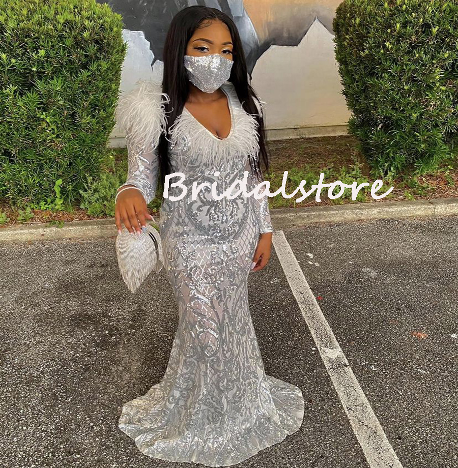 Plus Size Sequin Black Girls Prom Dress With Feather 2022 Sparkly V Neck Mermaid Evening Dresses Long Sleeve Night Dress Special Occasion Party Wear A