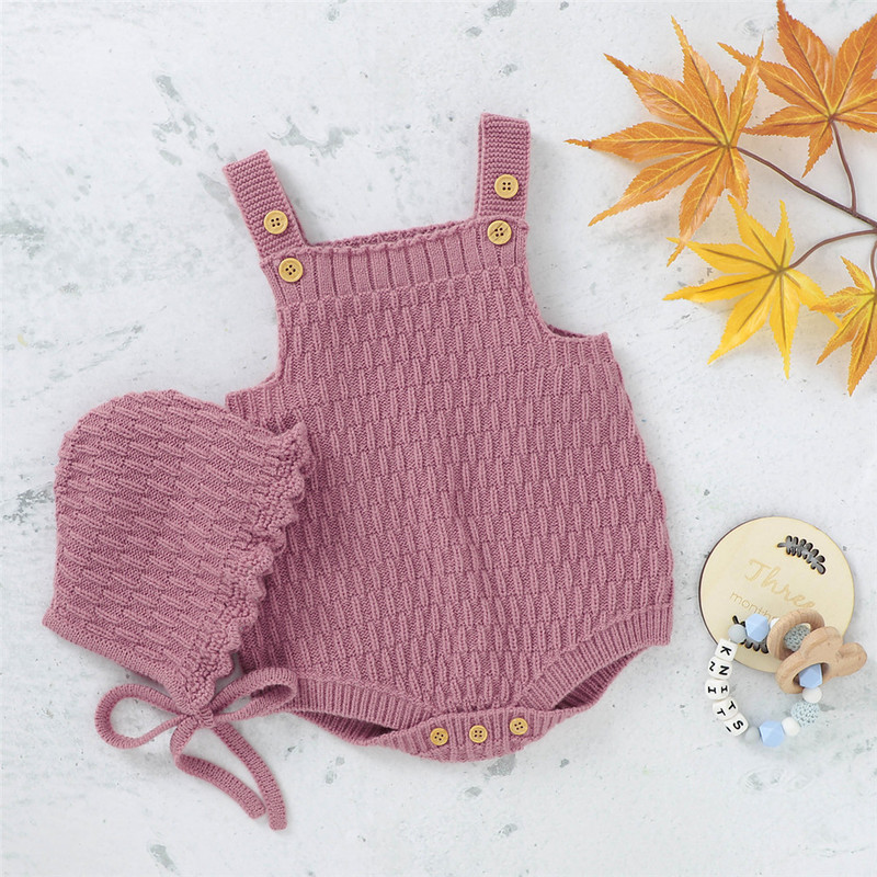 2Pcs Knitted Romper Clothes Set Cotton Triangle Crotch Button OnePiece JumpsuitHats Toddler Baby Boys Girls Outfits 220607