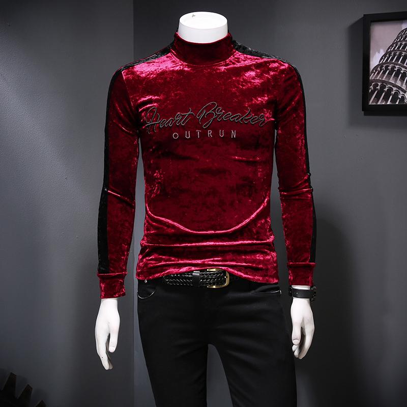 Men's T-Shirts Luxury Turtleneck Embroidery Velvet Men T Shirt Club Outfit Vintage Slim Fit Long Sleeve HommeMen's