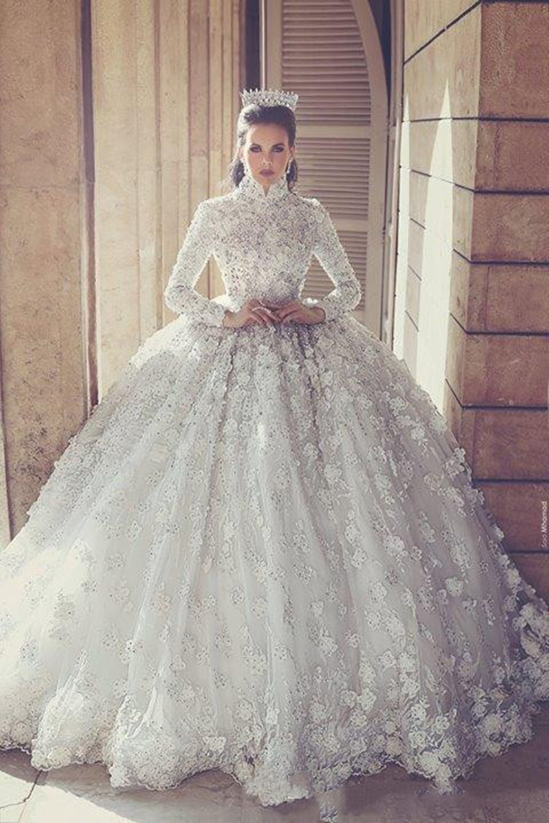 Gorgeous Ball Gown Wedding Dress High Neck Long Sleeves Lace Chiffon Flower Appliques Sequins Beaded Ball Gowns Floor Length Ruffles Custom Made Brida