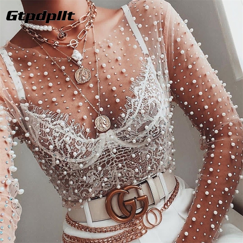 Gtpdpllt Sexy See Through T Shirt Women Mesh Patchwork Diamonds pearl Slim t-shirts Elegant Crop Tops Female Spring Clothes 220321