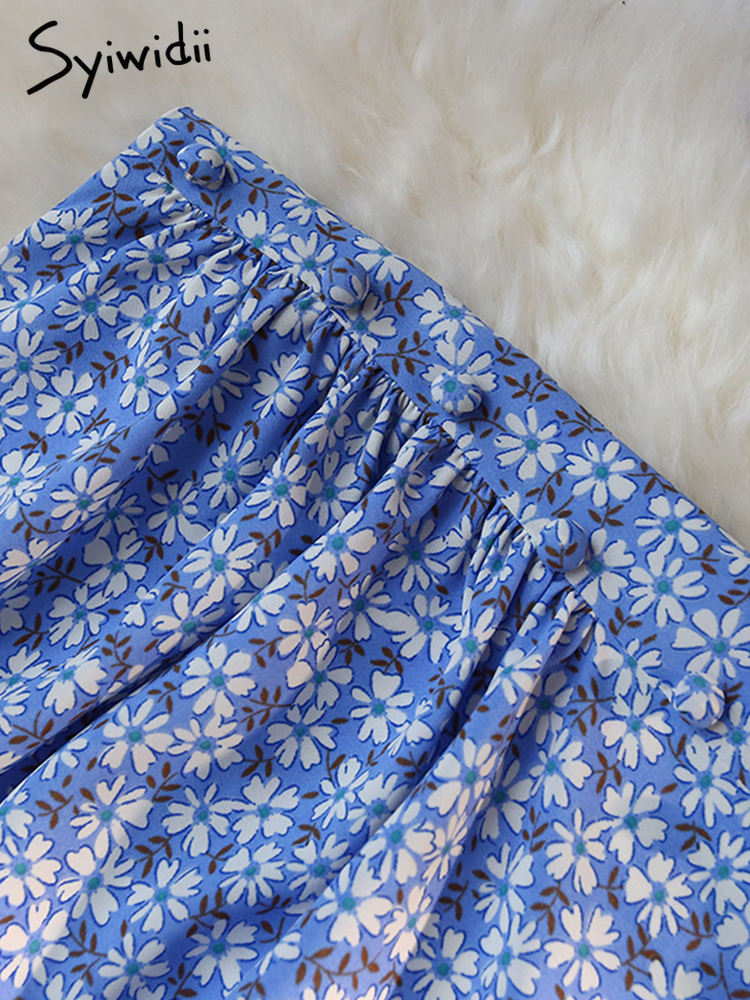 Syiwidii Floral Skirts Womens Y2k Casual Button Folds Empire Side Split High Fashion Sexy Skirt Summer Long Zipper Clothes 220701