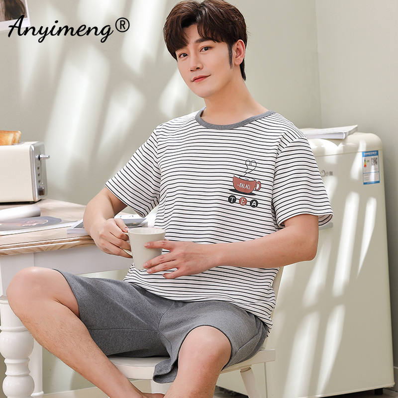 4XL Pajamas Set Cotton for Men Summer Shorts Home Suits Soft Casual Nightwear 3XL Pullover Cartoon Printing Fashion Pyjamas Man 220426