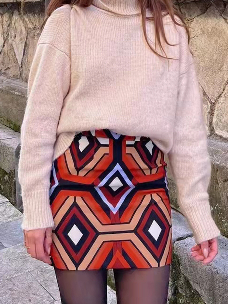 PUWD Vintage Women Geometric Diamond Print High Waist Skirt Summer Holiday Beach Ladies Skirts Y2K Slim Female Chic Bottoms 220317